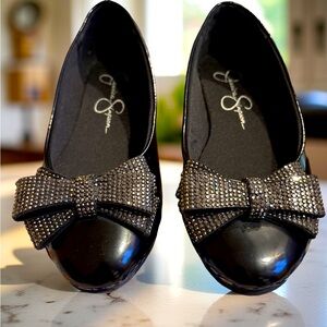 Jessica Simpson Girl Dress Flats Black Metallic Bow Size 2